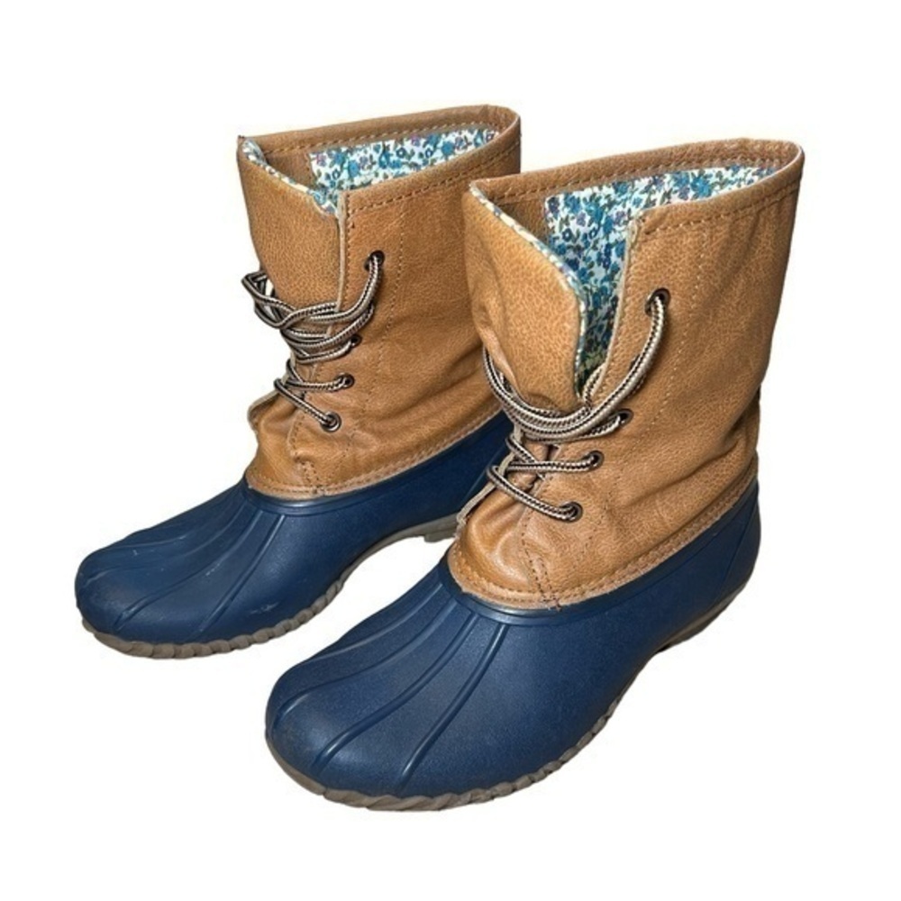 BLUE SUEDESHOES BROWN & NAVY BLUE RUBBER DUCK BOOTS, SIZE 7